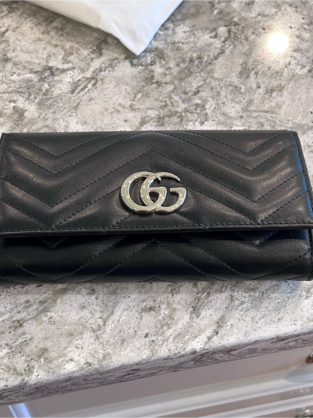 Gucci Black Chevron Quilted Leather Wallet with Silver Double G